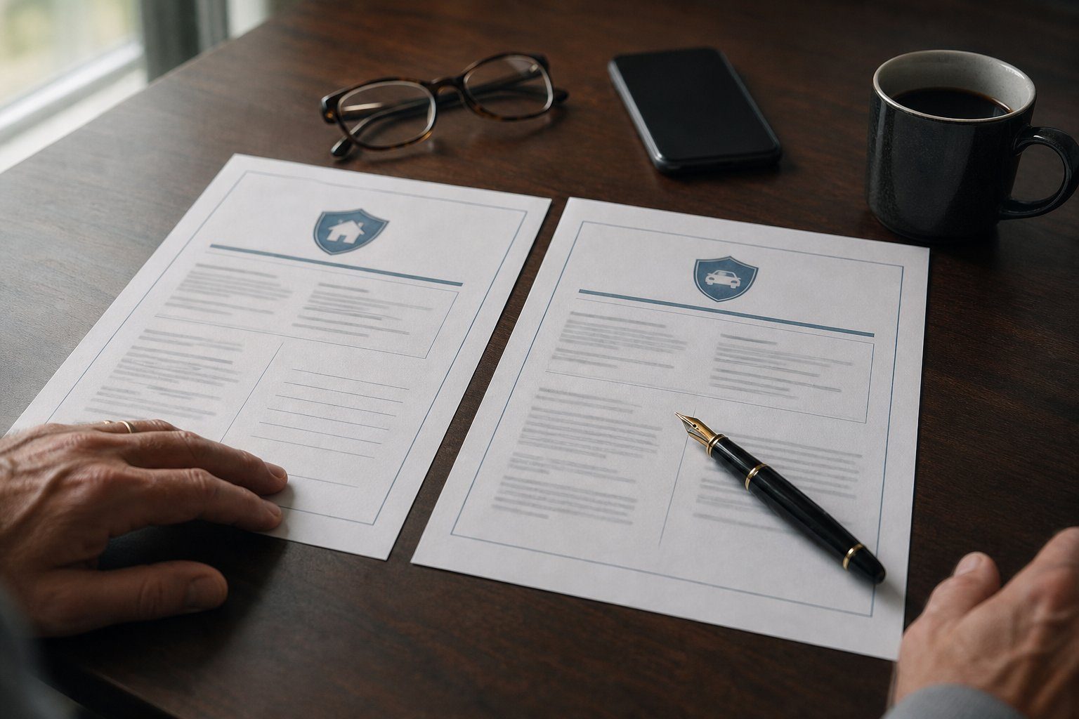 Two printed insurance policies side by side on a desk with a pen and reading glasses