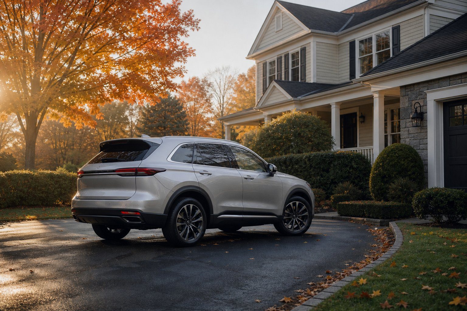 A silver SUV parked in the driveway of a suburban home in autumn